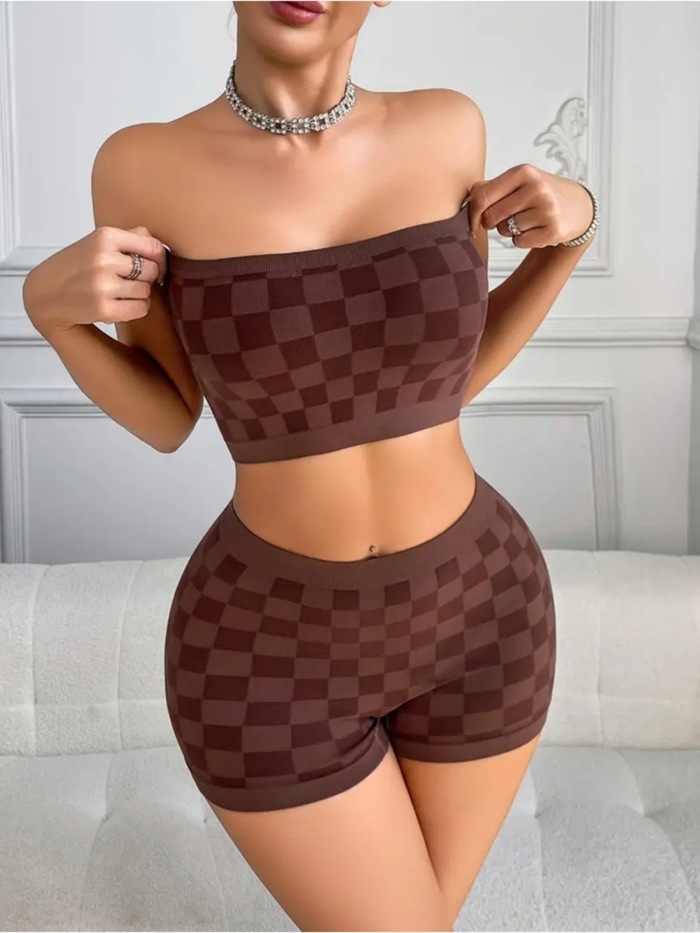 Brown Checker Tube Top & High-Waist Shorts Set